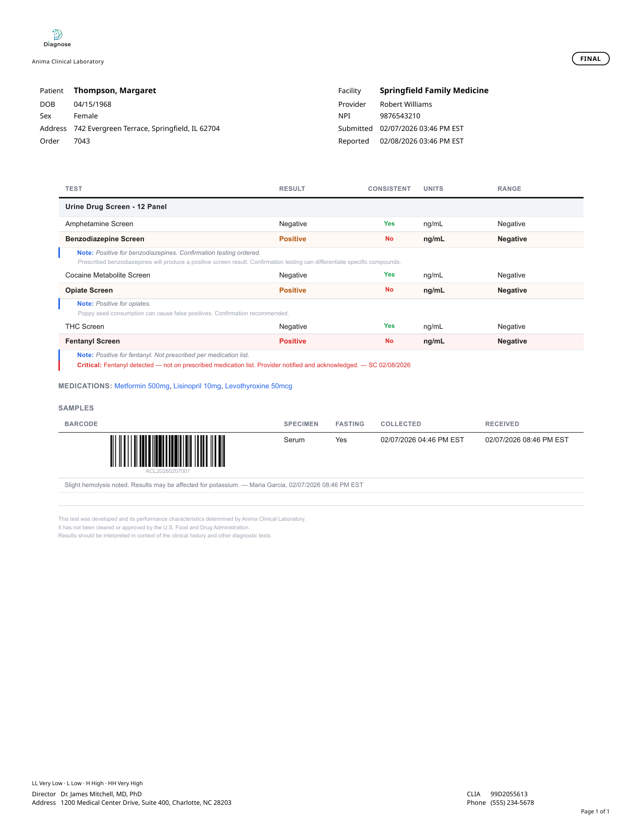 Toxicology patient report